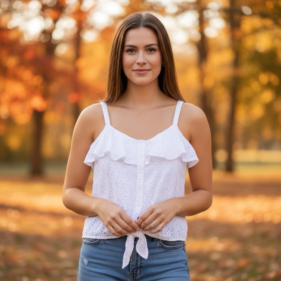 Neiman Marcus White Ruffled Eyelet Tie Front Tank Top - Picture 2 of 5